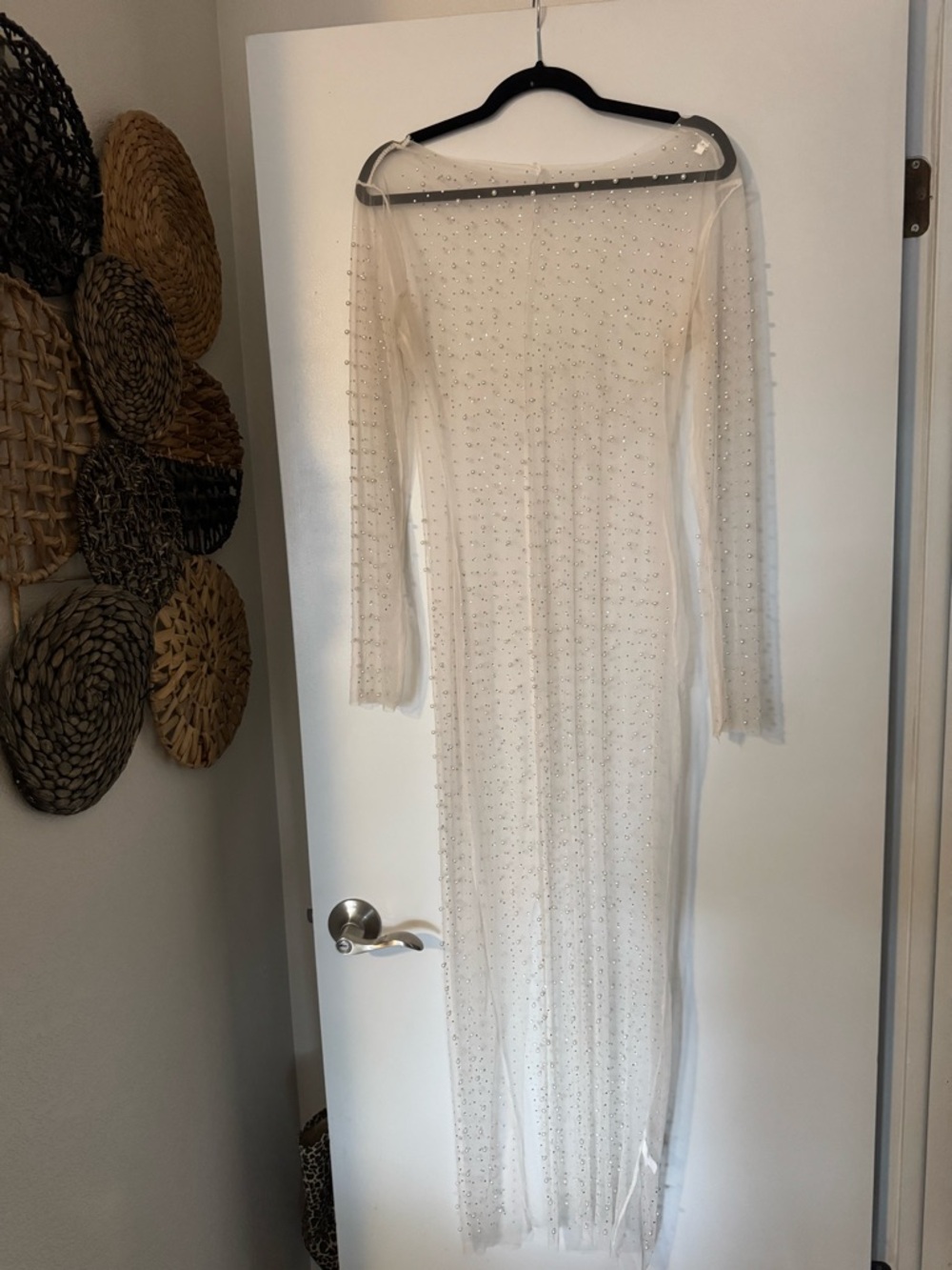 Sheer Embellished Long Sleeve Maxi Dress/Swim Cover  - White